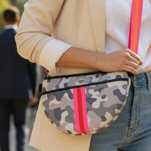 Haute Shore Neoprene Crossbody Bag Gray Camo Pink Stripe Adjustable Strap